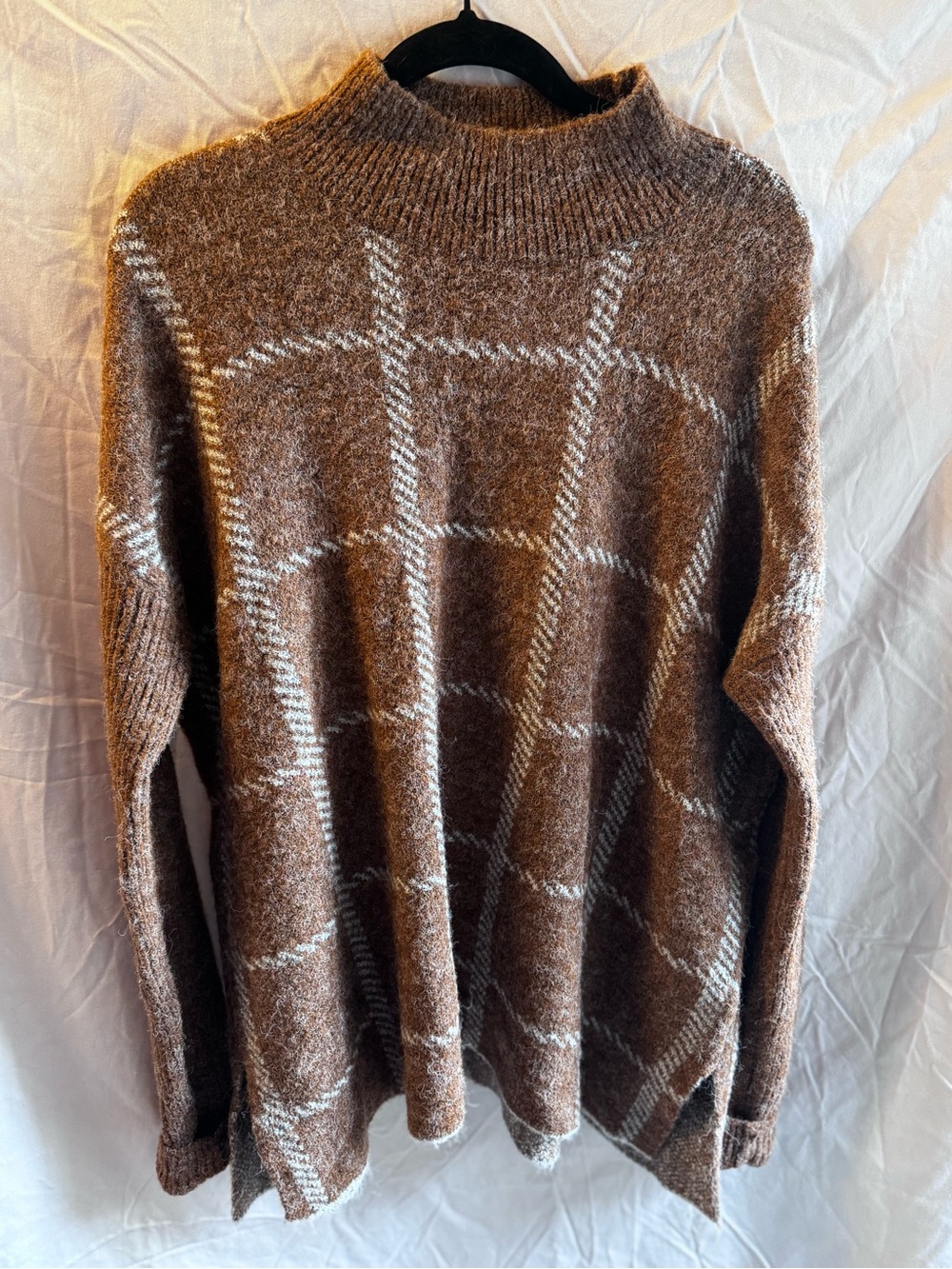 Vintage Cyrus Brown Plaid Mock Neck Sweater with Cream Windowpane